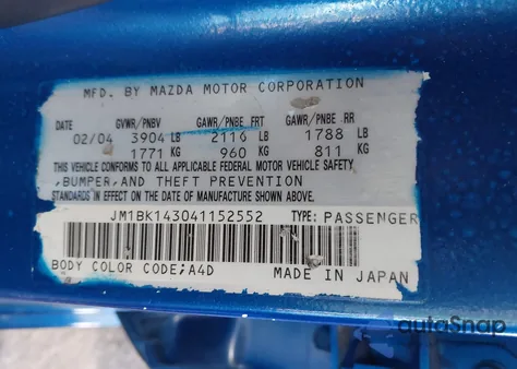 2004 Mazda Mazda3 S из США, поврежденный, VIN JM1BK143041152552